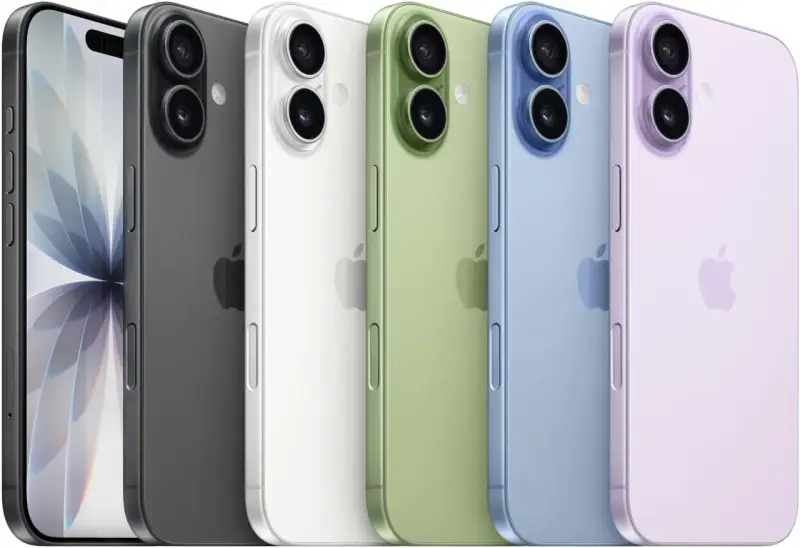 Pięć smartfonów w różnych kolorach: czarnym, białym, zielonym, niebieskim i fioletowym. Zbliżenie na tył telefonów, gdzie widoczne są aparaty i logo Apple. Wymiary iPhone 17 mogą być podobne do tych modeli.