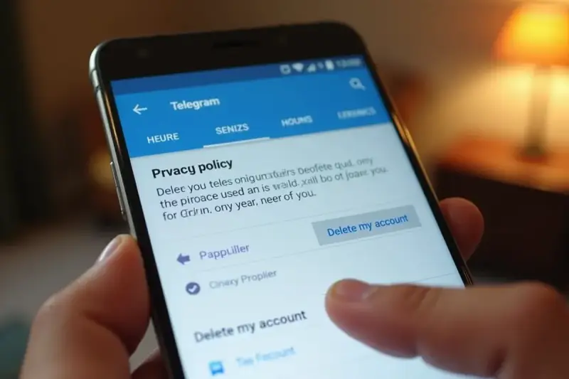 Palec dotyka przycisku "Delete my account" na ekranie telefonu, pokazując, jak usunąć konto na Telegramie.