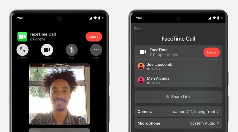 Dwa ekrany telefonu z rozmową FaceTime. Na lewym widać uśmiechniętego mężczyznę, na prawym listę uczestników.