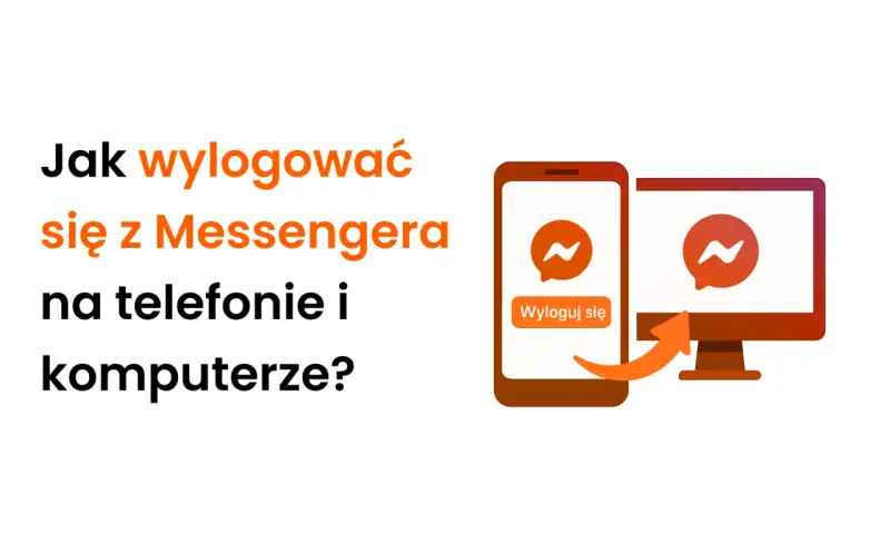 Jak wylogować się z Messengera na telefonie i komputerze? Ikona aplikacji i przycisk "Wyloguj się" na ekranie telefonu, a obok monitor z ikoną Messengera.