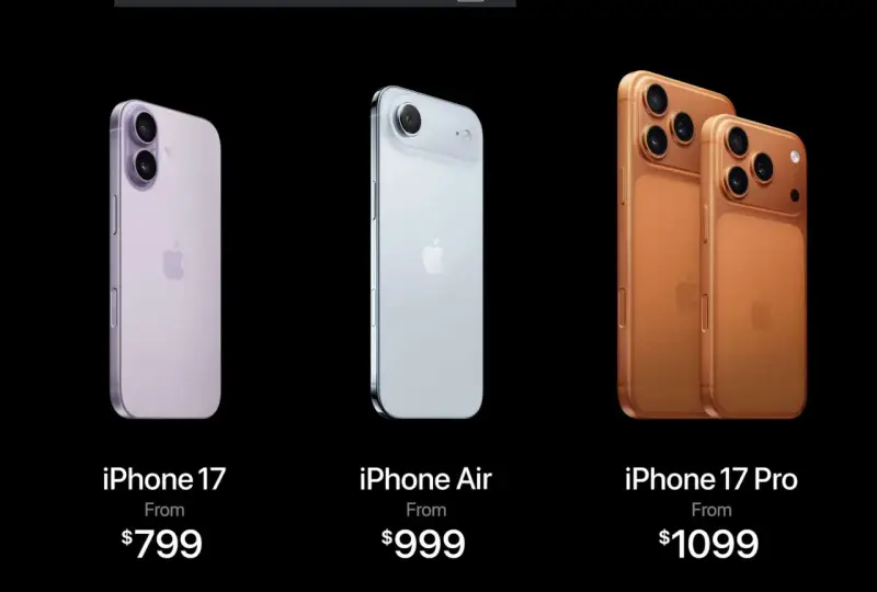 Trzy modele iPhone'ów: fioletowy iPhone 17, srebrny iPhone Air i złoty iPhone 17 Pro. Kiedy premiera iPhone 17?