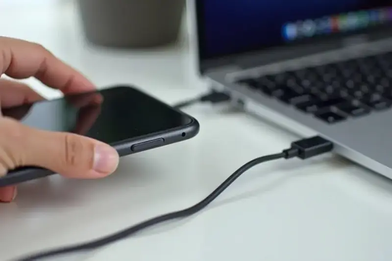 Dłoń trzyma telefon, który jest podłączony kablem USB do laptopa. Prosty sposób, jak połączyć telefon z laptopem.